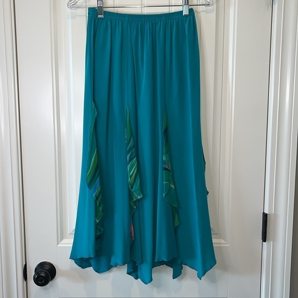 Multi piece Yolanda Lorente teal silk hand painted top skirt and topper size M - Picture 9 of 15